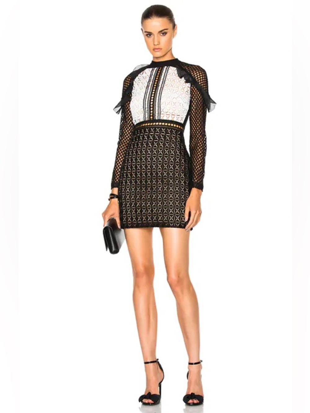 Self-Portrait Geometric Monochrome Lace Long Sleeve Mini Dress Black White 2